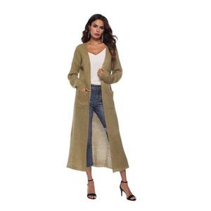 DUSTER LONG CARDIGAN SWEATER OPEN FRONT CARDIGAN DUSTER OPEN KNIT KHAKI M